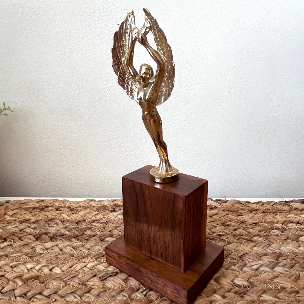 Vintage Gold Metal Winged Goddess Trophy Blank Wooden Base Victory Woman Wreath